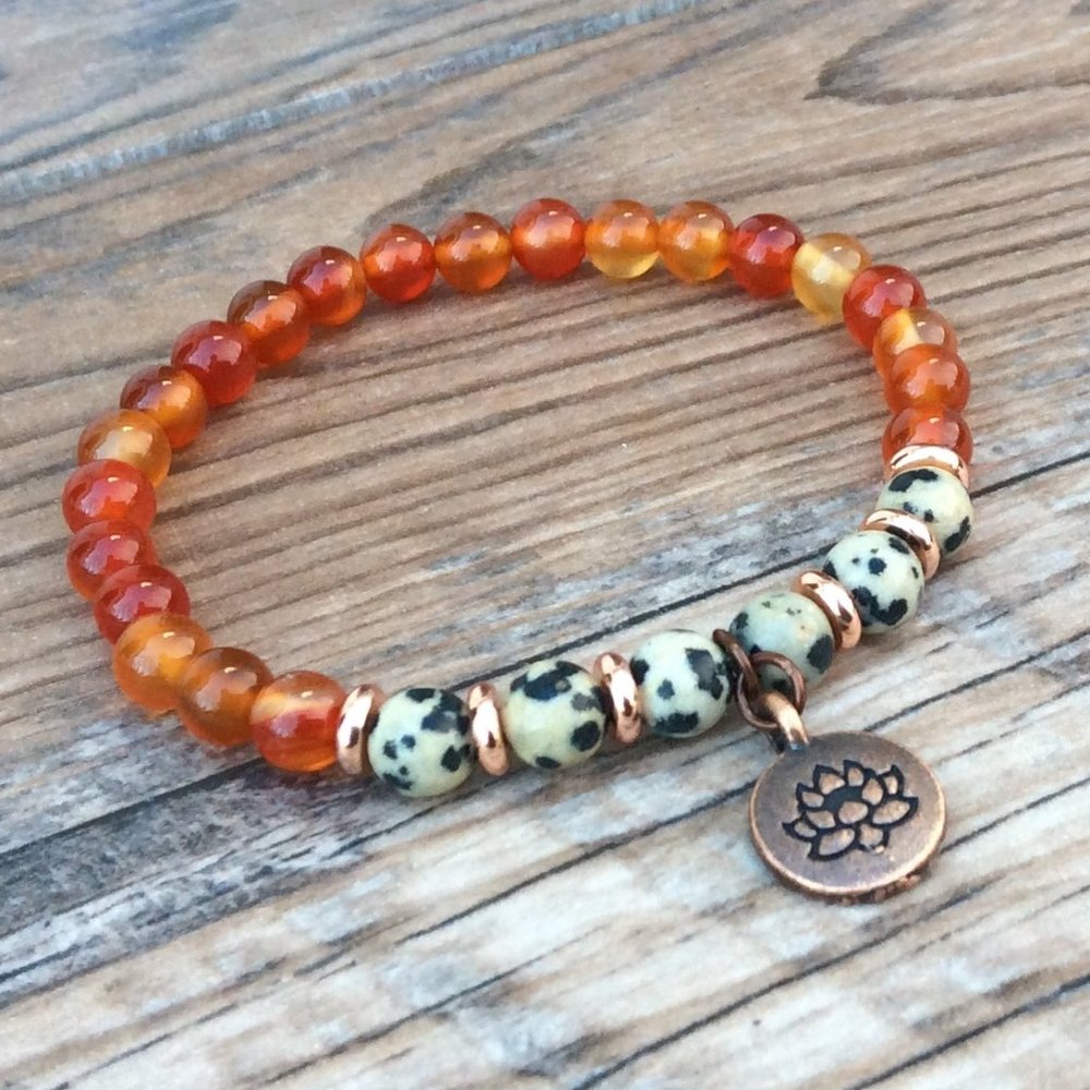 Lotus bracelet with Carnelian and Dalmatian Jasper, sacral chakra, healing